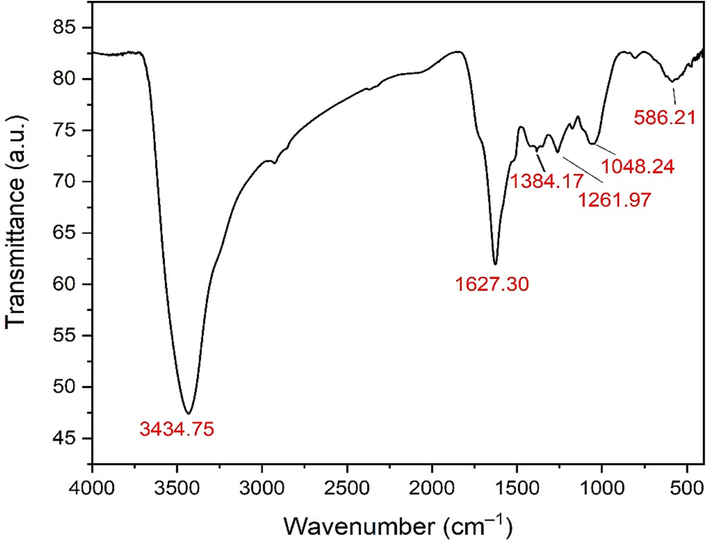 FTIR spectrum of the biosynthesized IONPs.