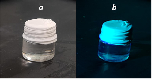 LS1 (a) in ambient light (b) exposed to UV light.