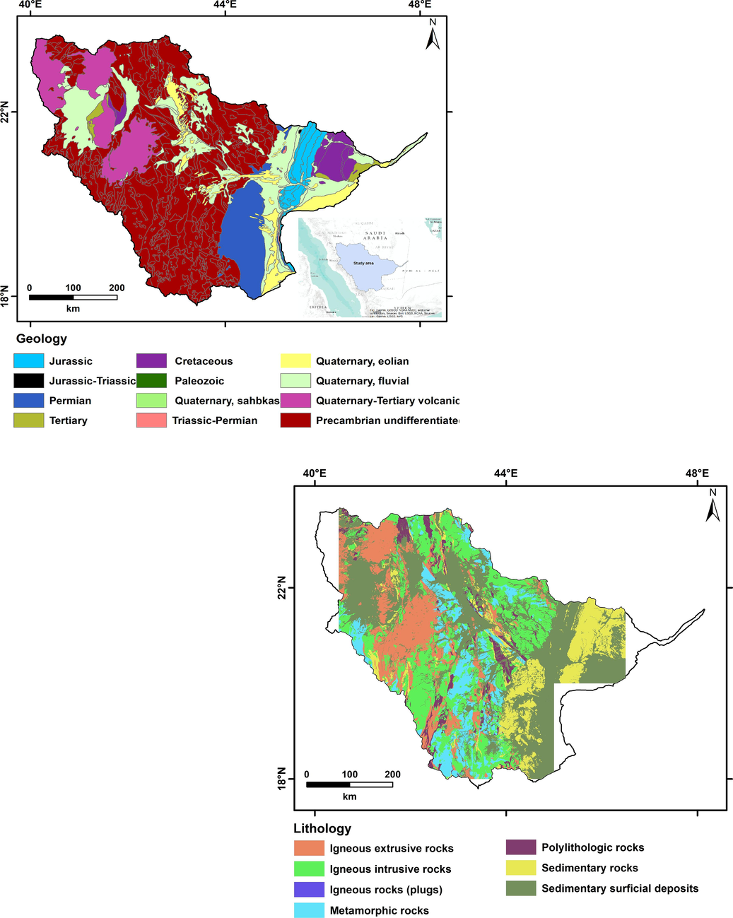 A geological (a) and lithological (b) map of Wadi Al Dawasir in Saudi Arabia.