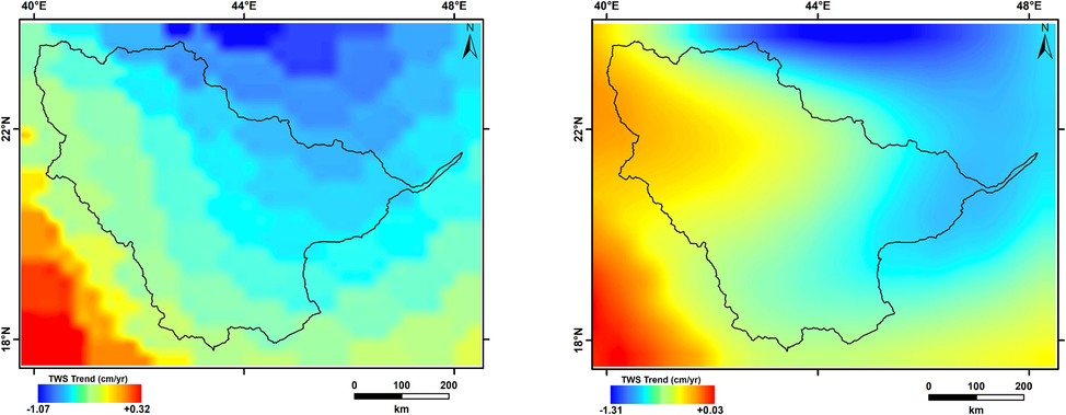 Spatio-temporal GRACE-derived TWS variations for the wadi region using (a) CSR, and (b) GSFC mascon solutions.