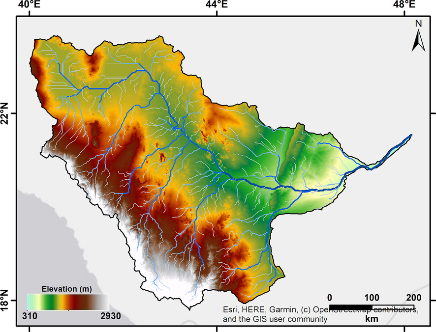 A DEM map depicting Earth's topography. In addition, the region's stream networks are represented.