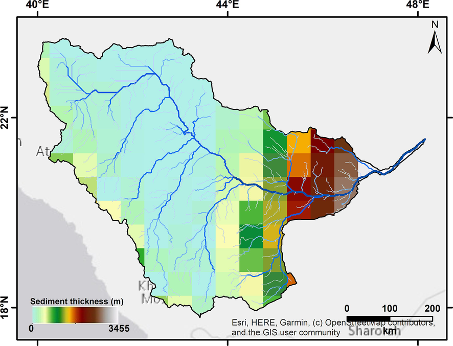 Sedimentary cover thickness and the stream networks of the Wadi.