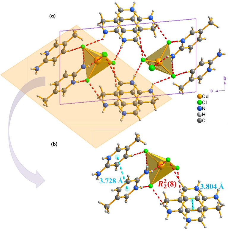 The arrangement of (C6H9N2)2[CdCl4] in the ( b → , c → ) plane is shown in view (a), while view (b) show a partial view of the crystal structure, highlighting the patterns of hydrogen bonding and π…π stacking interactions between adjacent aromatic rings.