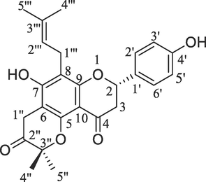 Structure of 7,4′-Dihydroxy-3′′,3′′-dimethyl-(5,6-pyrano-2′′-one)-8-(3′′′,3′′′-dimethyl allyl)-flavanone isolated from M. philippensis.