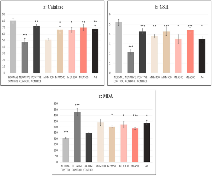 (a-c): Effect of M. philippensis fractions on antioxidants. The negative control group was compared with the normal control group, and all other groups were compared with the Negative control group; *p < 0.05, **p < 0.01 and ***p < 0.001 were considered significant. MPM- Methanol fraction of M. phillipensis, MEA-Ethyl acetate fraction of M. phillipensis, A 4 Active compound.