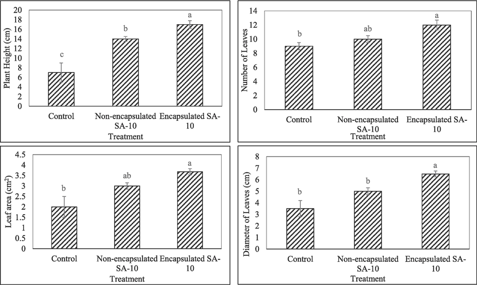 Mean value for different treatments was observed on plant height, leaf number per plant, leaf area, diameter of leaf at p < 0.05.