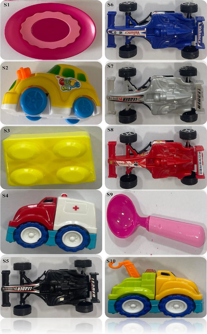 Single-color or mixed-color children's toys (cars, building blocks, spoon and plate).