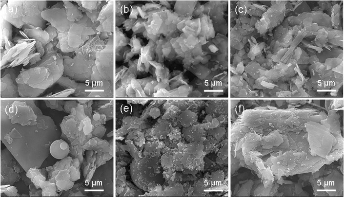 Surface morphology of the low-cost and high-cost cosmetics examined by SEM at ×10, 000 magnification. Low-cost specimens; (a) S1, (b) S2, (c) S3 and (d) S4. High-priced specimens; (e) S5 and (f) S6. All scale bars are 5 µm.