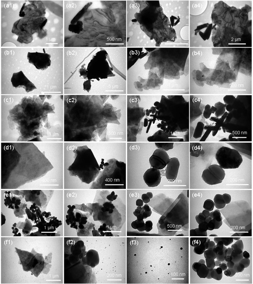 Size, shape, and structure of four low-priced and two high-priced cosmetics examined by TEM each at four magnifications. (a1–a4) Cosmetic S1; (b1–b4) Cosmetic S2; (c1–c4) Cosmetic S3, (d1–d4) Cosmetic S4. (e1–e4) Cosmetic S5, and (f1–f4) Cosmetic S6. Both high-priced specimens show the nanoparticles along with cosmetic sheets.