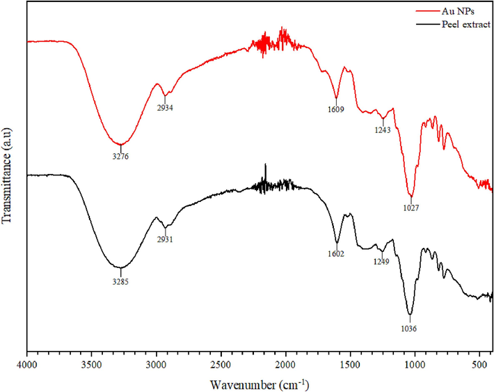 FTIR spectra of synthesized Au NPs and peel extract.