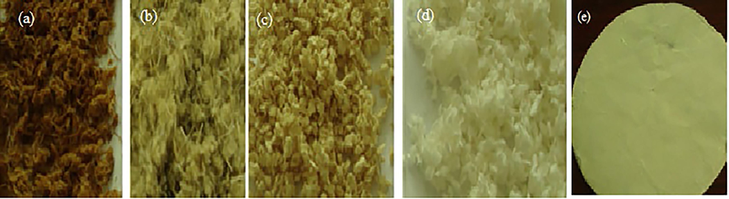 Pulp bleaching stage of (a) unbleached pulp, (b) first-stage bleached sample (BOA1), (c) second-stage bleached sample (BOA2), (d) third-stage bleached samples (BOA3), and (e) paper sheet.