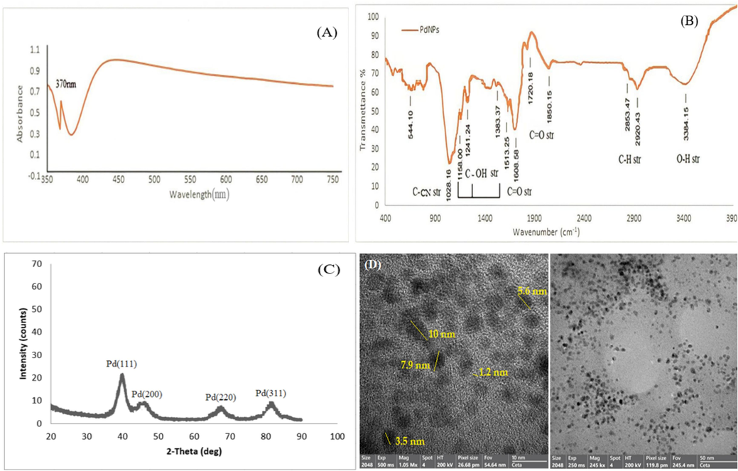 UV–Visible spectrum of Biosynthesized PdNPs from Glycyrrhiza extract (A), FTIR spectra of Glycyrrhiza- PdNPs (B), XRD spectrum of PdNPs synthesized by Glycyrrhiza extract (C), HR-TEM and TEM image of PdNPs produced by Glycyrrhiza extract (D).