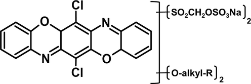 Molecular structure of reactive blue 224, the dye belongs to the Triphenodioxazine Class. Its molecular formula is C26H24Cl2K1N4Na1O20S6.