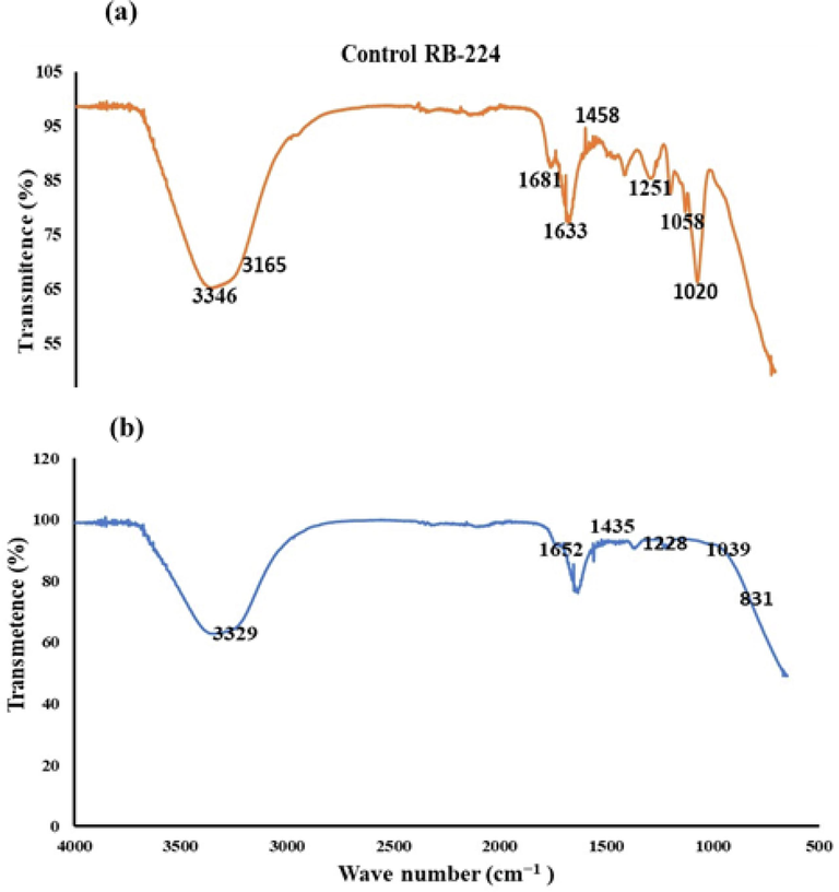 FTIR analysis of RB-224 a) Control RB-224b) after treatment with A. baumannii 1005.