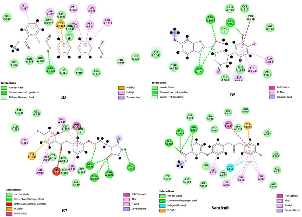 Molecular docking interaction image of B3, B5, B7 and Sorafenib with VEGFR2 (AutoDock Vina).
