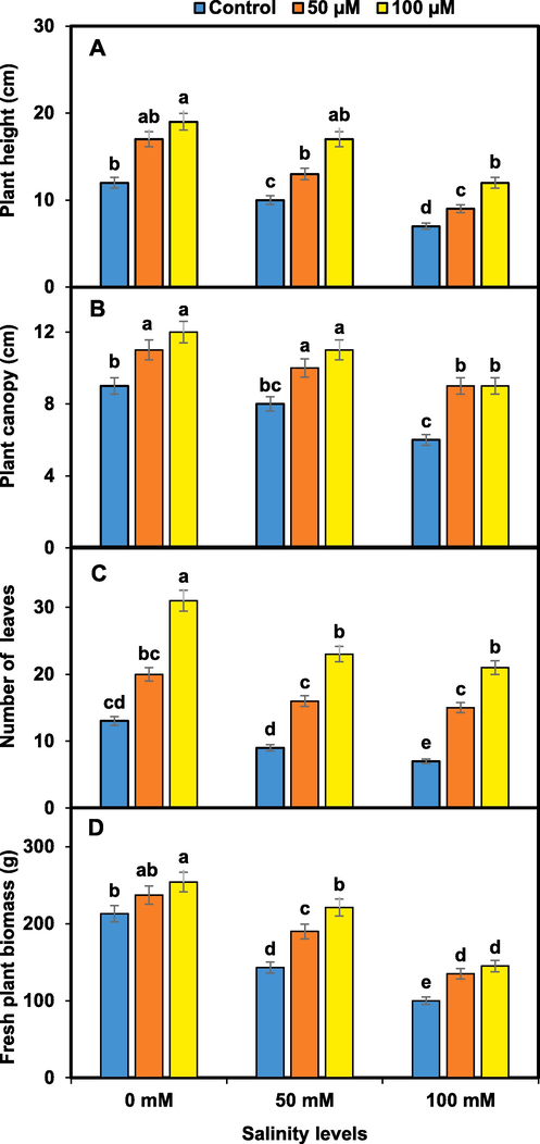 Melatonin spray improves pansy growth i.e. plant height (A), plant canopy (B), number of leaves (C), and fresh plant biomass (D) under salinity. Mean values sharing different lettering showed significant effects on traits at 0.05 probability. Data presented are means ± SEs (n = 3).