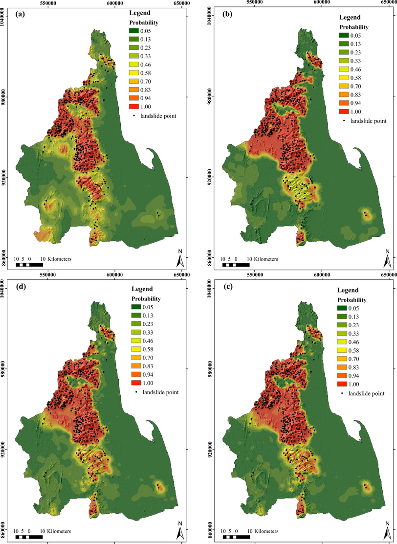 Landslide susceptibility maps generated by each model: (a) logistic regression; (b) SVM with the linear kernel; (c) SVM with the rbf kernel; and (d) SVM with the polynomial kernel.