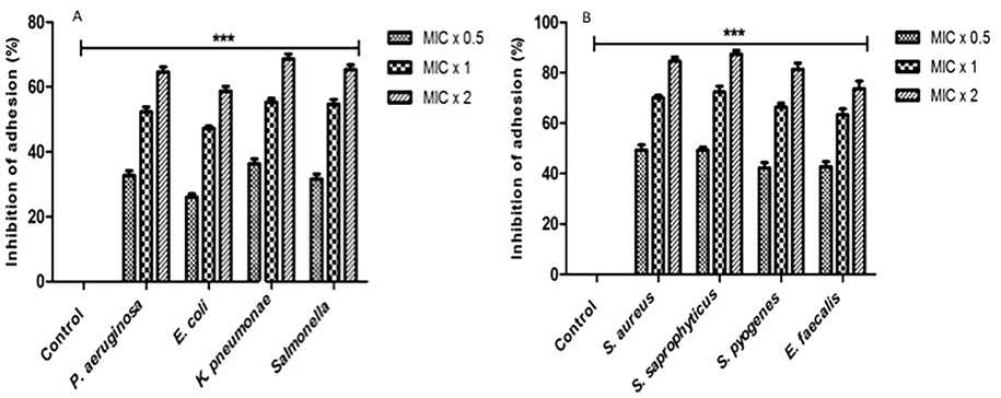 The inhibition of the microorganism adhesion by 2-((6-chloro-2-(p-tolyl)quinazolin-4-yl)thio)acetonitrile. The study employed the Alamar Blue-based polystyrene adhesion assay to assess the impact of 2-((6-chloro-2-(p-tolyl)quinazolin-4-yl)thio)acetonitrile on the adherence of different microorganisms. The bacterial strains that were subjected to experimentation were exposed to three different concentrations of the drug, namely MIC x 0.5, MIC x 1, and MIC x 2, for a duration of 6 h at a temperature of 37 °C. All untreated bacterial isolates are represented by control bars, which represent 0 % inhibition. The results of three distinct experiments are presented with means ± SD***p < 0.0001.