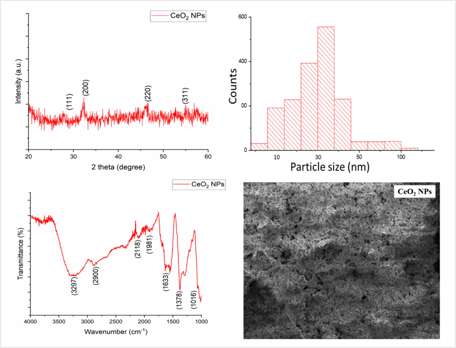 Data demonstrated (a) XRD analysis (b) mean particle size (c) FTIR absorption peaks of synthesized CeO2 NPs and (d) SEM analysis to show the surface morphologies of CeO2 NPs.