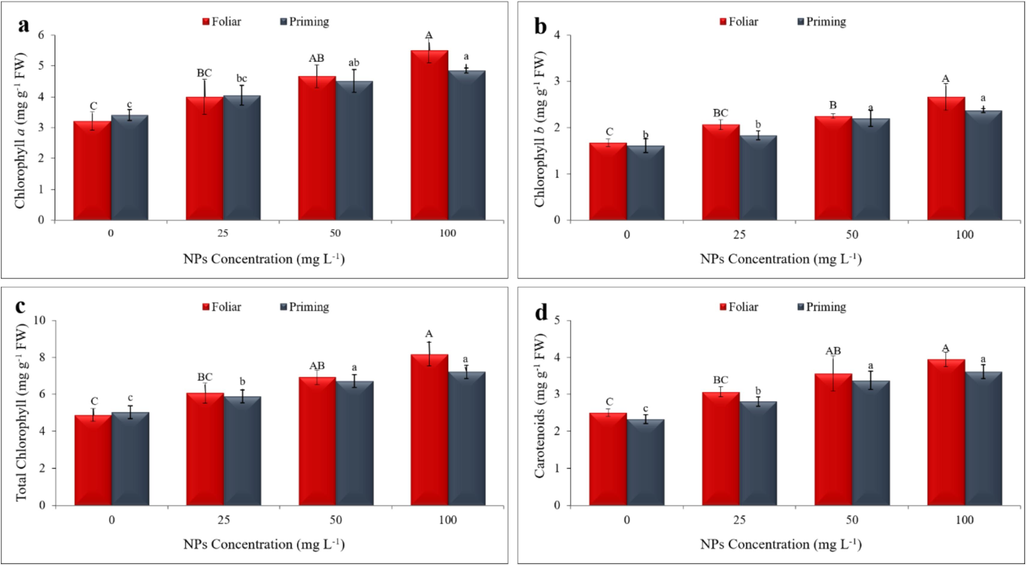 Data represents (a) chlorophyll a, (b) chlorophyll b, (c) total chlorophyll, (d) carotenoid under CeO2 NPs application by foliar and seed priming at various concentrations along with control group. Each bar in the graph is accompanied by a vertical line representing a standard error bar.