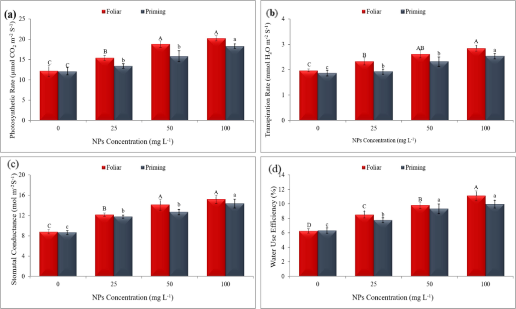 Data shows (a) photosynthetic rate, (b) transpiration rate, (c) stomatal conductance, (d) water use efficiency. Each bar in the graph is accompanied by a vertical line representing a standard error bar.