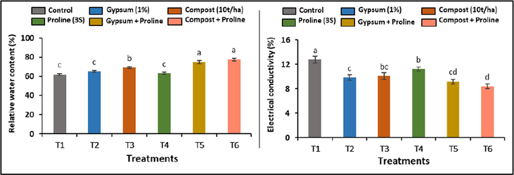 Effect of individual and combined applications of soil amendments and proline spray on the relative water content and electrolyte leakage of the cotton plants gown in the salt-affected soil.