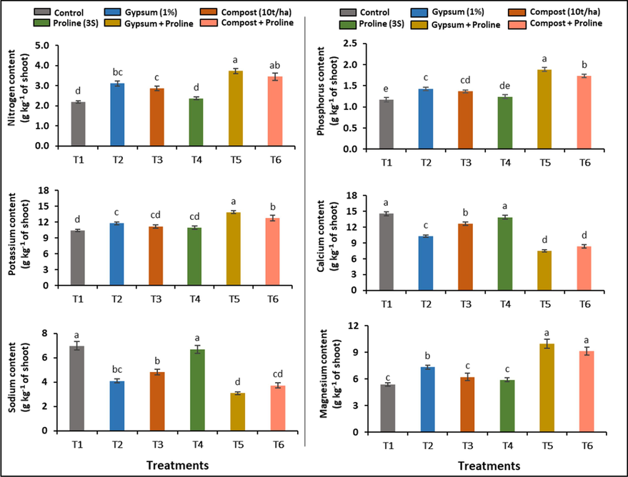 Effect of individual and combined applications of soil amendments and proline spray on the chemical properties of the plants such as nitrogen, phosphorus, potassium calcium, sodium and magnesium content (g kg−1).