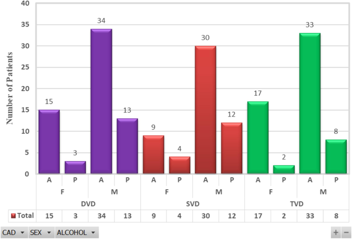 Distribution of patients with CAD, sex (M: Male, F: Female) and alcohol consumption status (A: Absent, P: Present). This study included 180 patients with CAD, sub-categorized as follows: 55 patients with single vessel disease (SVD) indicated in red, 65 patients with double vessel disease (DVD) indicated in purple, and 60 patients with triple vessel disease (TVD) indicated in green. Among the DVD group, there were 18 female patients, 15 of whom were alcohol absent (A) and 3 alcohol presents (P). Additionally, there were 47 male patients in the DVD group, with 34 being alcohol absent and 13 alcohol presents. In the SVD group, there were 13 female patients, 9 of whom were alcohol absent and 4 alcohol present, and 42 male patients, with 30 being alcohol absent and 12 alcohol presents. In the TVD group, there were 19 female patients, 17 of whom were alcohol absent and 2 alcohol present, and 41 male patients, with 33 being alcohol absent and 8 alcohol presents. (For interpretation of the references to colour in this figure legend, the reader is referred to the web version of this article.)