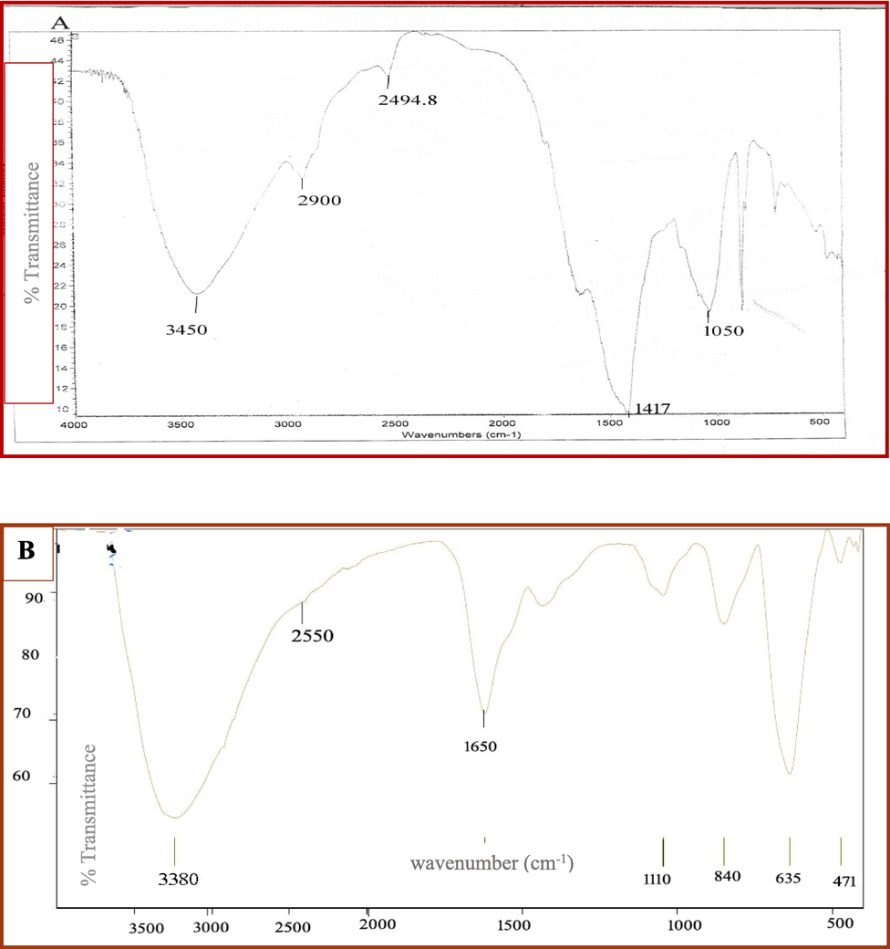 FTIR of the driedCystoseira sp water extract (A) and biosynthesized iron oxide Nanoparticles (B).