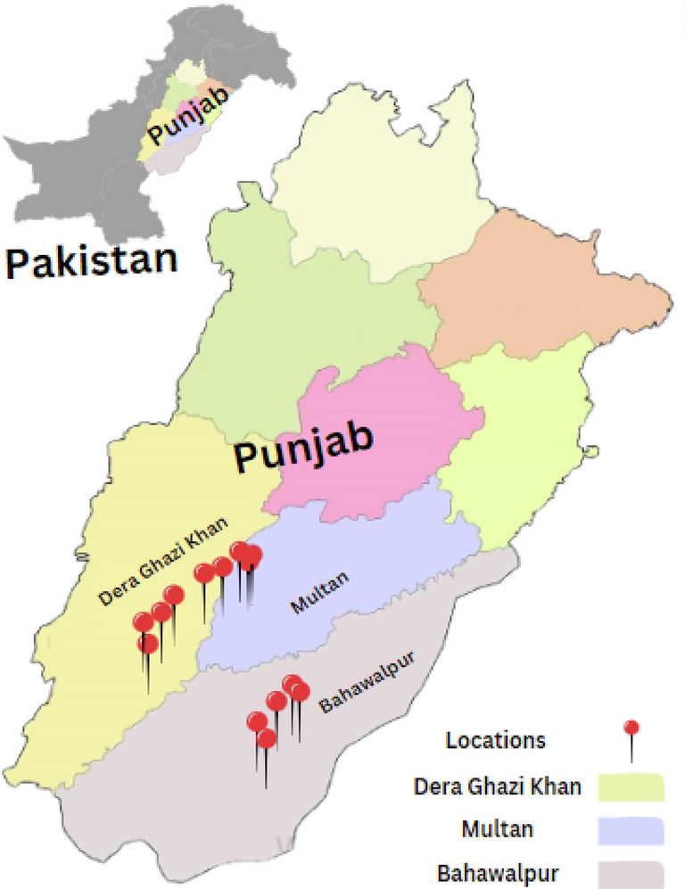 Location of survey areas for sampling of citrus canker infected leaves.