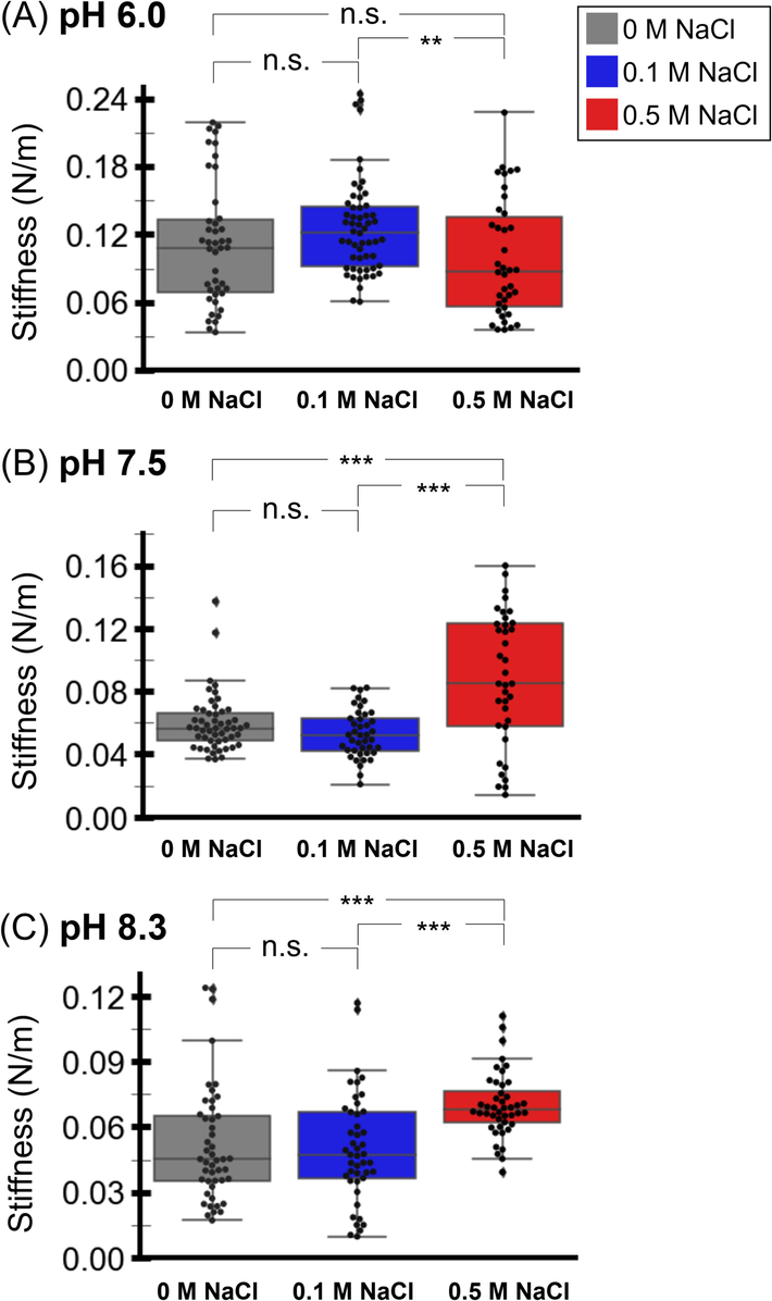 Stiffness of the RSJ2 phage particles in the buffers with pH 6.0 (A), 7.5 (B), 8.3 (C), and varying concentrations of NaCl (0, 0.1, 0.5 M). A statistical analysis of the phage stiffness at the same pH was performed. The ‘n.s.’ (not significant) denotes a p-value ≥ 0.05. The ‘*’ denotes 0.05 > p-value > 0.01. The ‘**’ denotes 0.01 > p-value > 0.001. The ‘***’ denotes a p-value < 0.001.