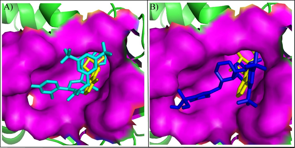 The alignment of binding modes of the two compounds with co-crystal ligand (Yellow sticks). (A) Orvepitant (Cyan sticks), (B) Fosaprepitant (Blue sticks).