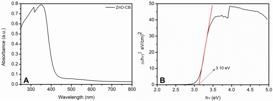 (A)UV–Vis and (B) band gap spectra of the prepared ZnO-CB nanoparticles.