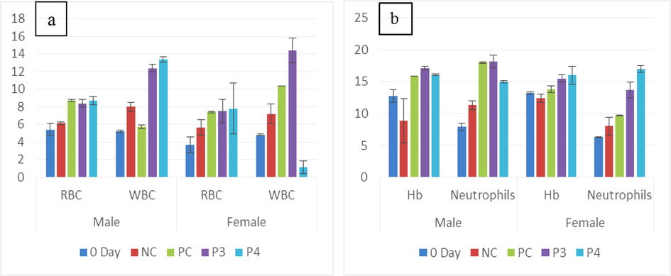 (a) The mean of male and female RBCs (Cell/µL) and WBCs (109/µL) in untreated (0-day and NC) and treated (Pro-3 and Pro-4) groups. (b) Hb (g/dL) and neutrophils of male and female rats between treated and non-treated groups.