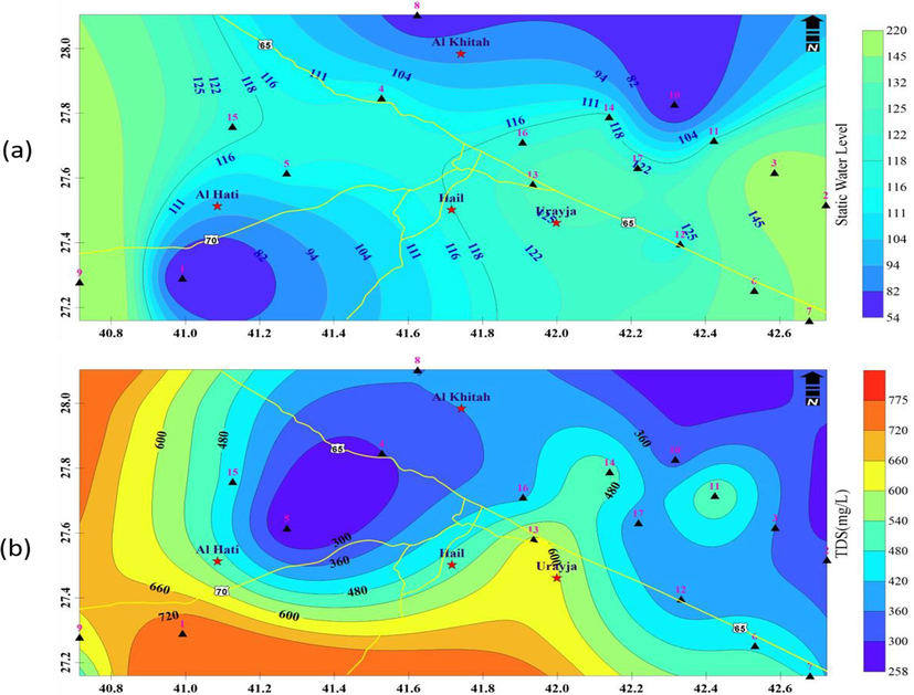 A) the static water level in the study area, b) spatial distribution of tds in the study area.