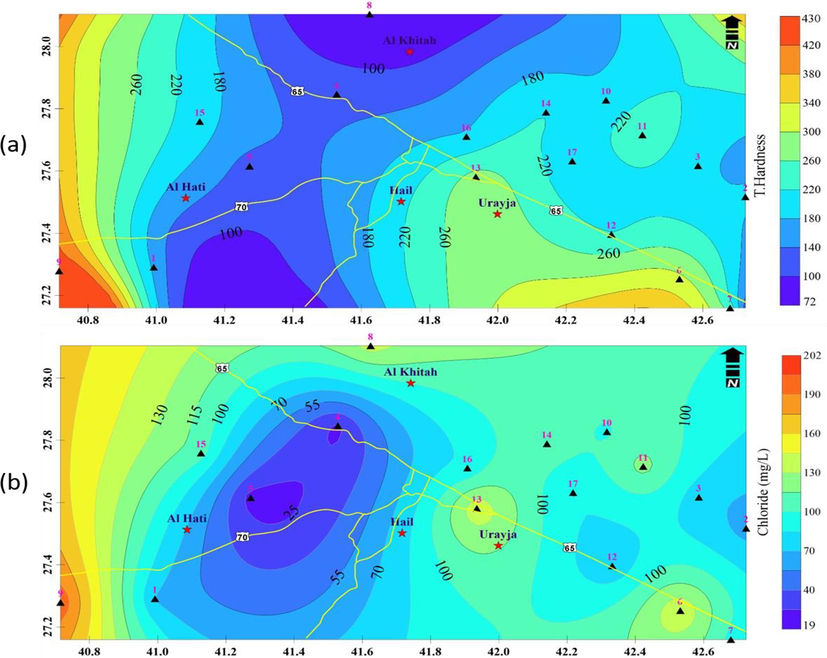 A)Total Hardness (TH) distribution in groundwater samples, b) Cl- concentrations in the groundwater samples.