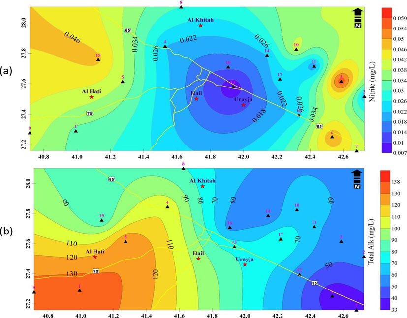 A) spatial variations of nitrite concentrations in the groundwater samples, b) total alkalinity values of groundwater samples.