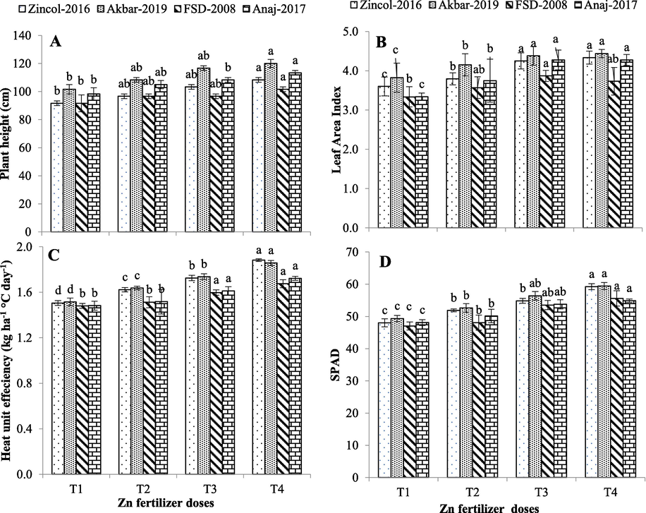 (A) Plant height (cm); (B) leaf area index; (c) heat unit efficiency (Kg ha−1 °C−1 day) and SPAD value of wheat cultivars fertigated with Zn fertilizer. T1 = control (water spray); T2 = 15kgZnSO4·7H2O ha−1; T3 = Foliar application of ZnSO4·7H2O solution 1 % (0.5 %+0.5 %) at tillering and anthesis stages; T4 = 15kgZnSO4·7H2O ha−1 (soil applied) + foliar spray of ZnSO4·7H2O solution 1 % (0.5 %+0.5 %) at tillering and anthesis stages; different letters (a-c) on bars represent significant difference among treatments at p < 0.05 (DMRT).