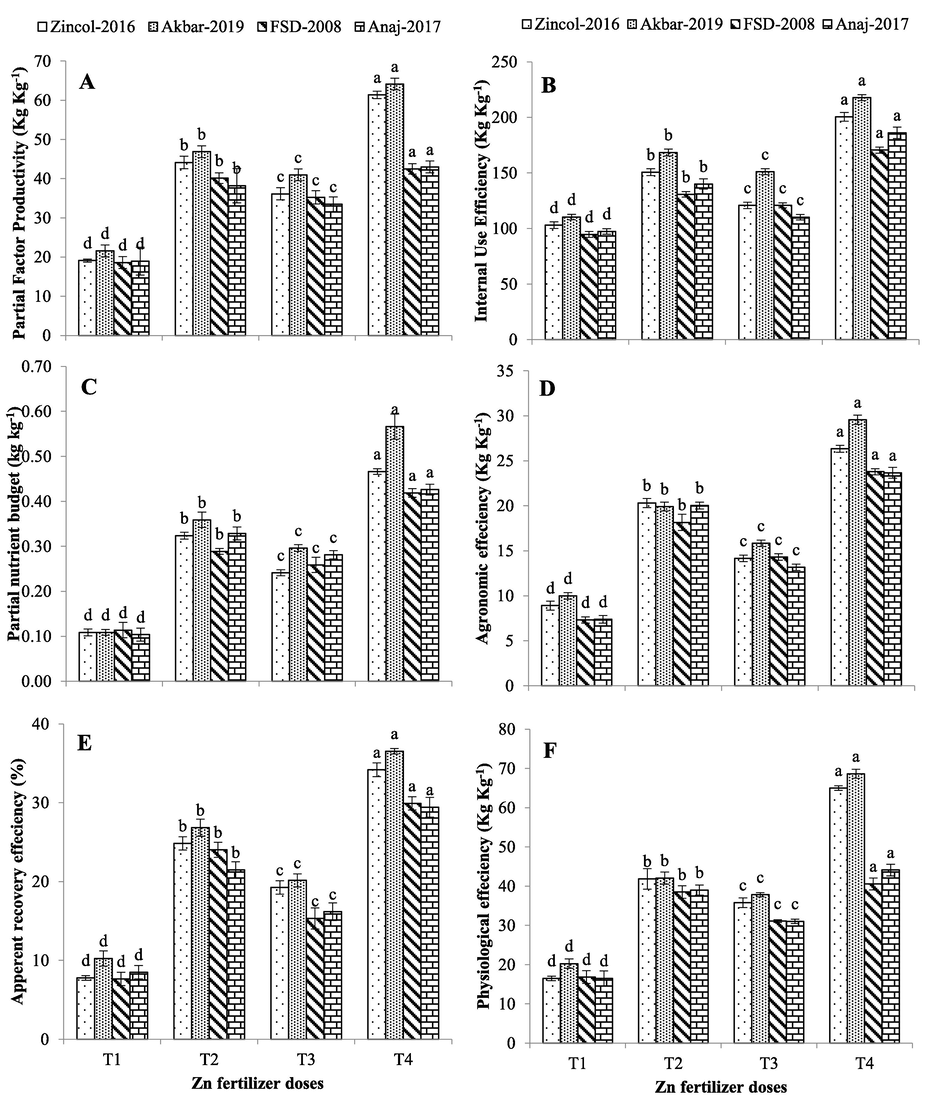 (A) partial factor productivity; (B) internal use efficiency; (C) partial nutrient budget; (D) agronomic efficiency; (E) apparent recovery efficiency and (F) physiological efficiency of wheat cultivars fertigated with Zn fertilizer. Different letters (a-d) on bars represent significant difference among treatments at p < 0.05 (DMRT).