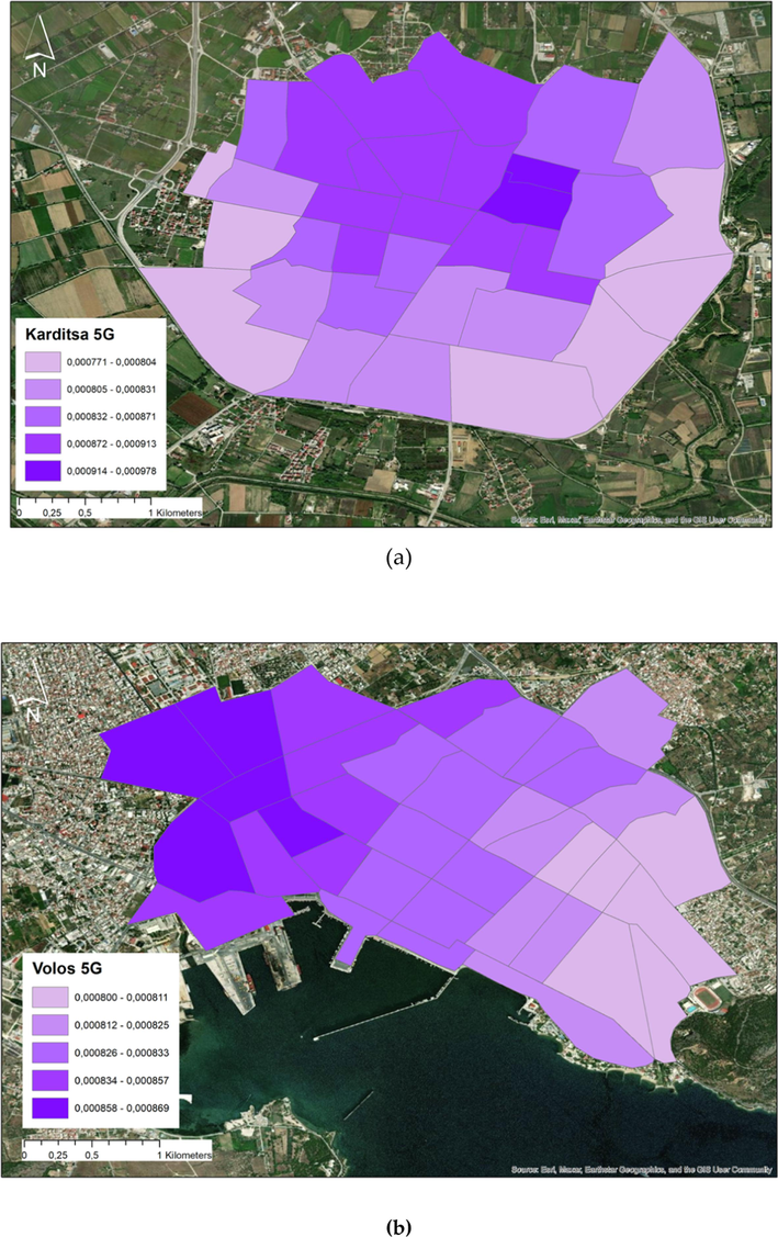 Electrοmagnetic radiatiοn expοsure after 5G installatiοn: (a) City οf Karditsa; (b) City οf Vοlοs.