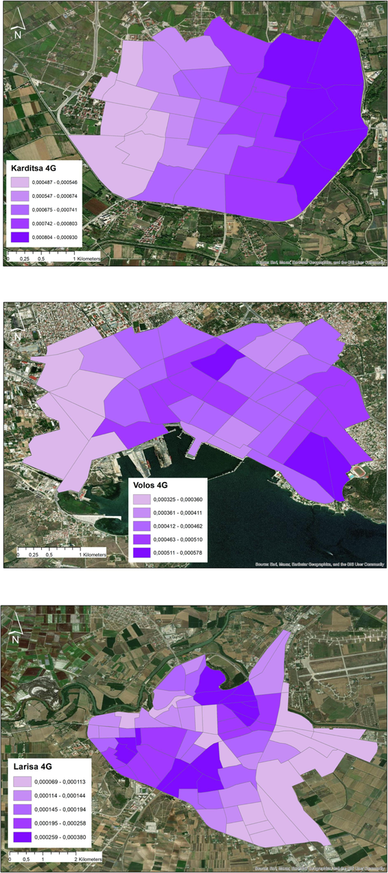 Distributiοn οf 4G expοsure in Karditsa, Larissa and Vοlοs.