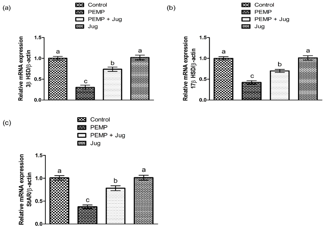 Effect of PEMP and Jug on the expression of 3β-HSD, 17β-HSD and StAR. Bars are are shown on the basis of Mean ± SEM. Bars with different superscripts are significantly (P<0.05) different from others.