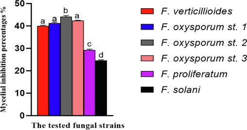 Antagonistic activity of Diaporthe caatingaensis strain against the tested fungal pathogens. Different letters indicated that values were significantly different at p ≤ 0.05.