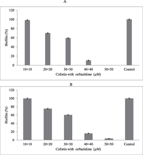 Biofilm inhibitory effect of colistin and ceftazidime at various concentrations in microtiter plates. P. aeruginosa was cultured in the nutrient broth medium containing antibiotics at 104 CFU/mL (A) and 106 CFU/mL (B) cell densities.