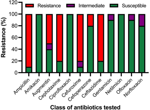 Antibiotic susceptibility profile of airborne isolates against twelve different antibiotics.