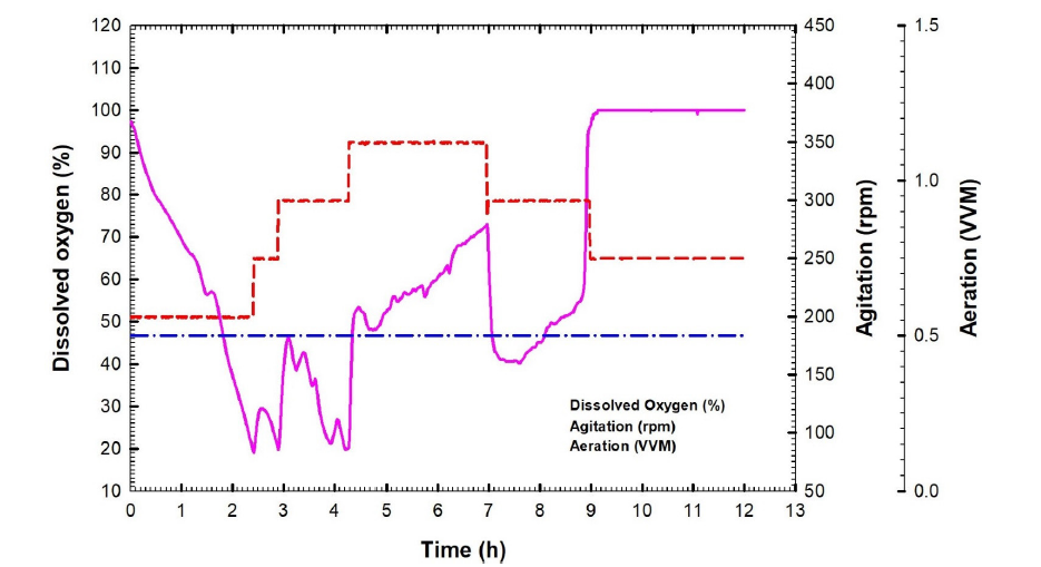 The time-dependent dissolved oxygen, agitation, and aeration during Bacillus velezensis isolate KSAM1 batch fermentation No.1.