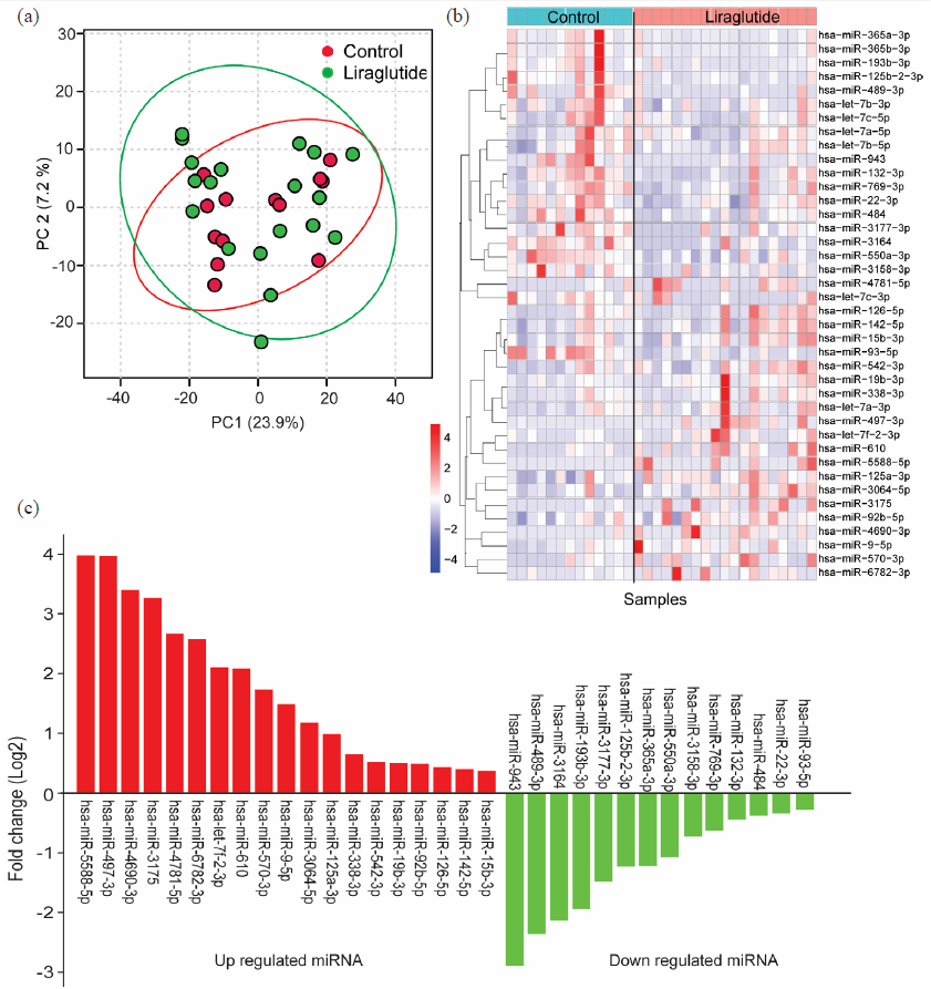 Expression profile of miRNA. (a) Principal component analysis (PCA) of miRNA expression in people with T2D treated with and without liraglutide, (b) Heatmap of the top 50 differentially expressed miRNAs in people with T2D treated with and without liraglutide, (c) Expression levels of differentially expressed miRNAs in people with T2D treated with and without liraglutide. T2D: Type 2 diabetes. T2D: Type 2 diabetes.