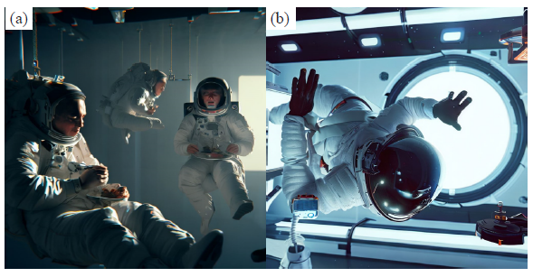 (a) A representative moment of an astronaut’s nutrition in a space station, (b) A representative outdoor activity of an astronaut in a space station.